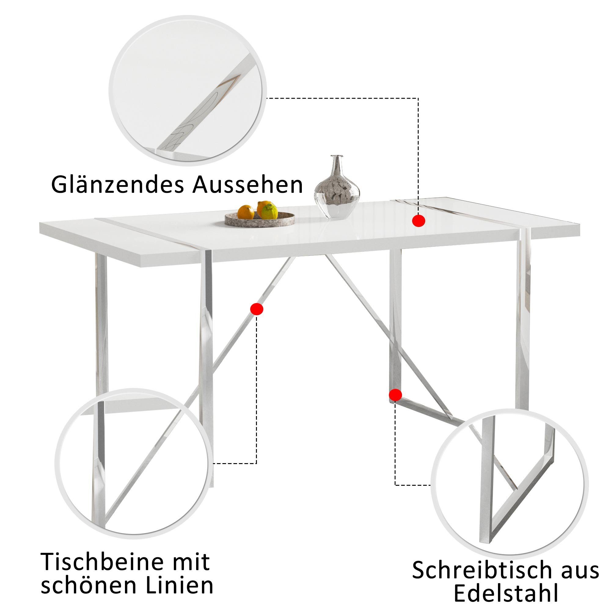 (1-St), Küchentisch Flieks Edelstahl, 138x76x76 Weiß | aus Beine Weiß cm Schreibtisch, Silberfarben Esstisch