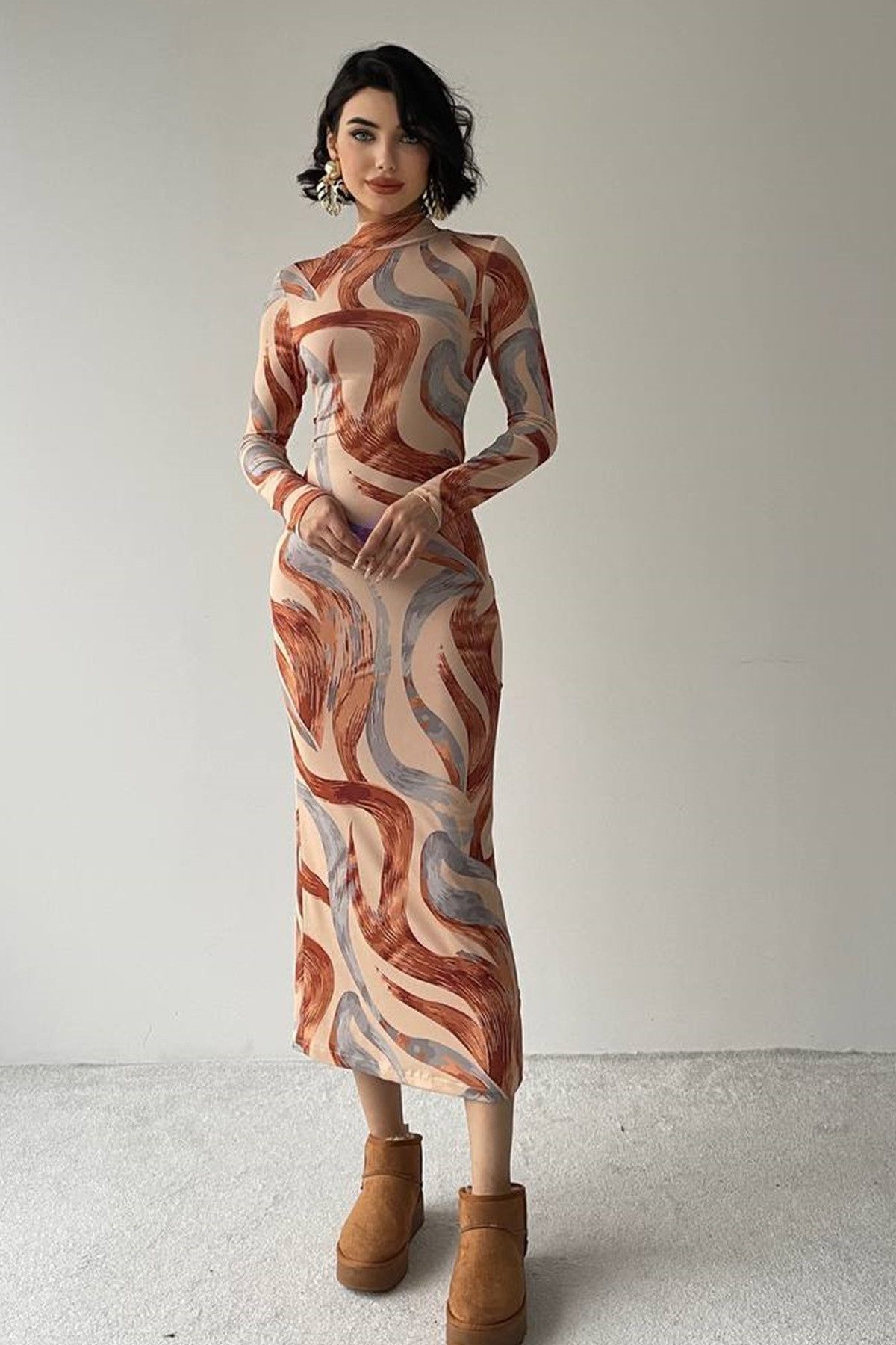 WOMAN VISION Abendkleid Midikleid mit geometrischem Muster und Digitaldruck, hohem Kragen – Bild 4 von 5
