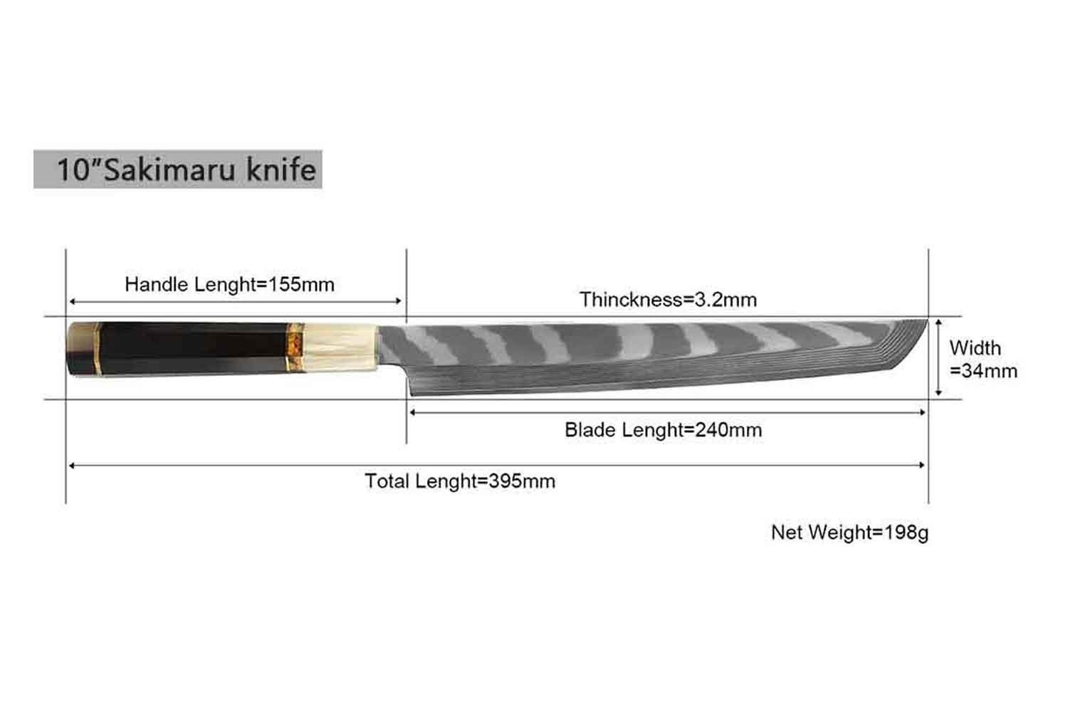 Muxel Messer Büffelhorn, Mit Ebenholz- Sakimaru einseitig geschliffen Damastmesser Yanagiba oder und achteckigen