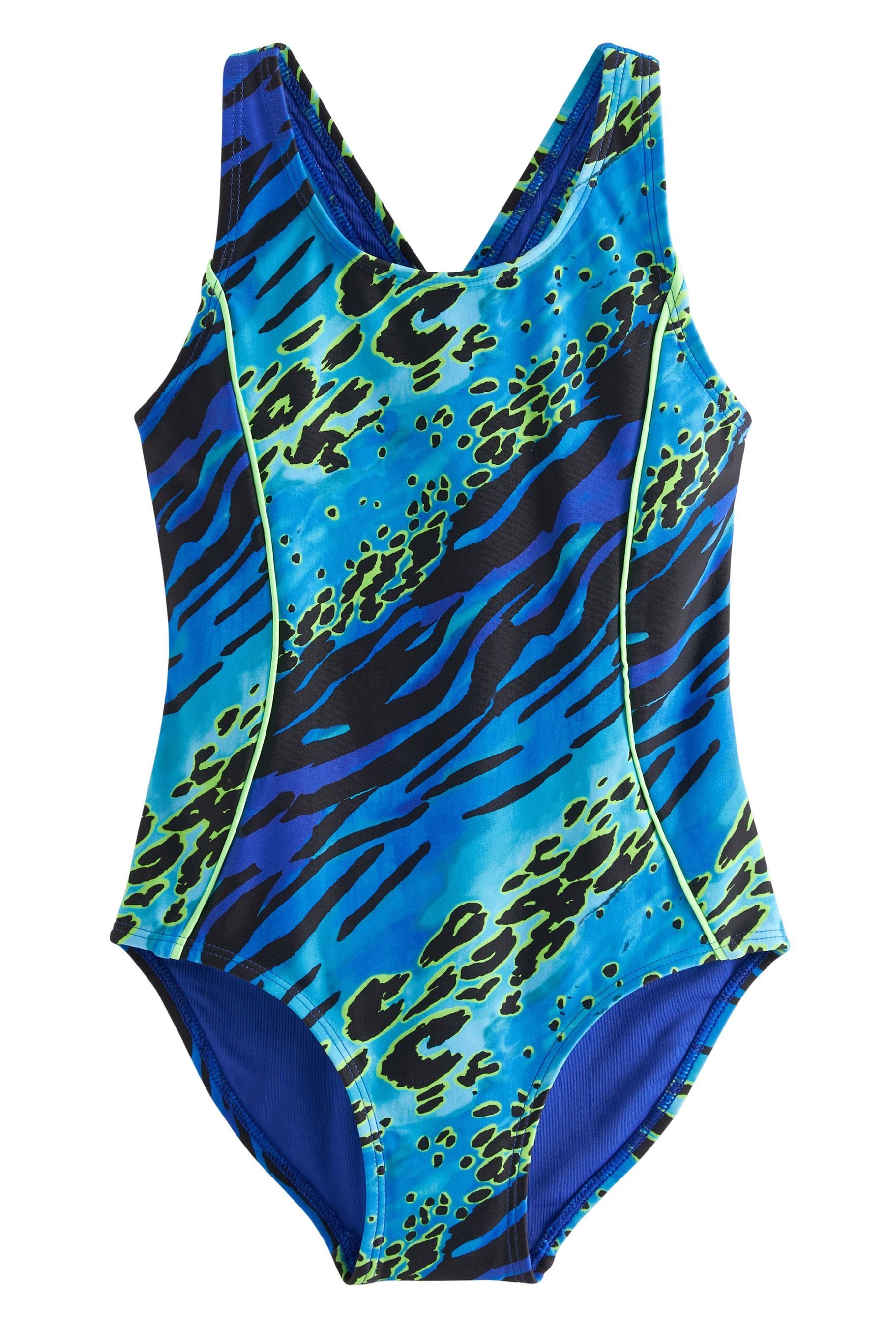 Next Badeanzug Sportbadeanzug mit gekreuzten Rückenträgern (1-St) Blue/Green Animal Print