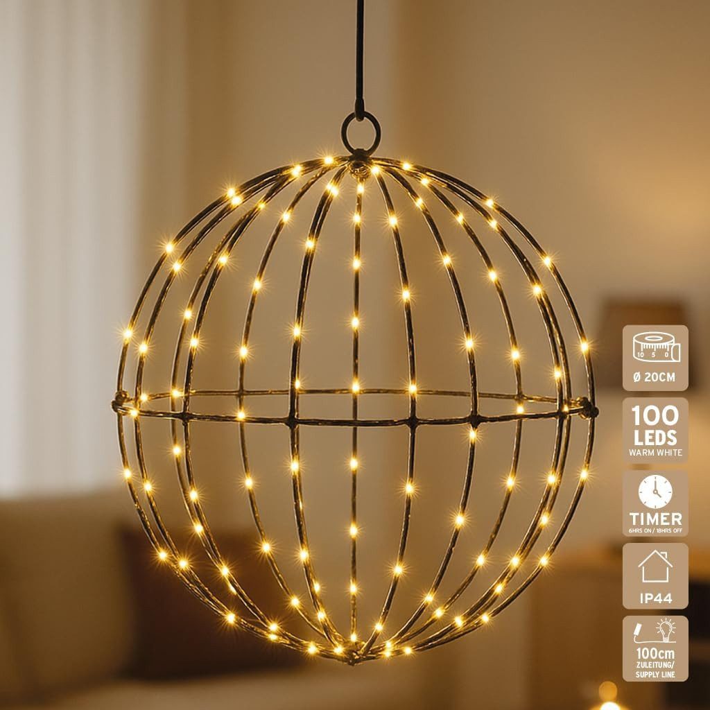 mucHome LED Kugelleuchte LED Metall Lichterkugel Ø20 cm, 100 warmweiße LEDs mit Timer, Batterie