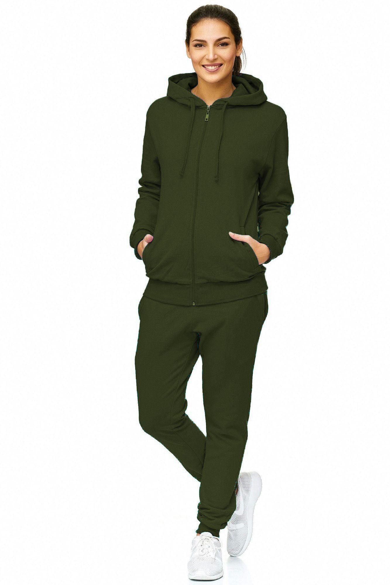 L.gonline Freizeitanzug Damen Jogginganzug, Freizeitanzug, Hausanzug 586 (Kapuzenjacke mit Reißverschluss, Hose, 2-tlg), Fitness Freizeit Casual