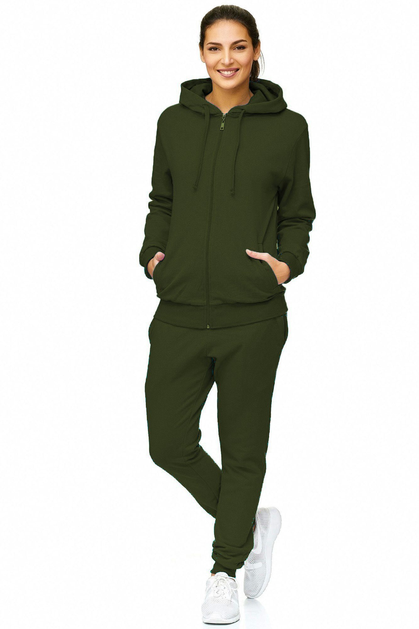 L.gonline Freizeitanzug Damen Jogginganzug einfarbig 100% Baumwolle 586 Oliv 3XL (Kapuzenjacke mit Reißverschluss, Hose, 2-tlg), Fitness Freizeit Casual