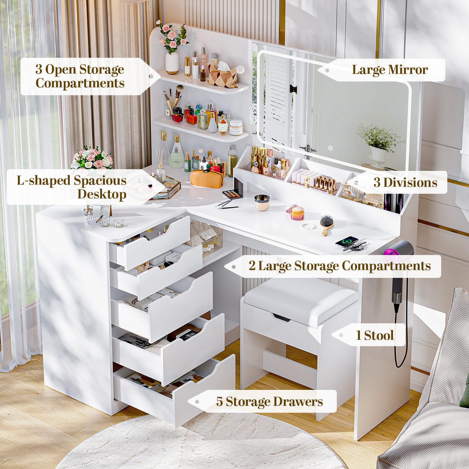 Furnicopia Schminktisch LED-Schminktisch mit großer Ablagefläche und Hocker (Maße: 120 x 80 x 136 cm Ausstattung: 5 Schranktüren, 8 Staufächer Ausstattung: 2 St – Bild 4 von 5