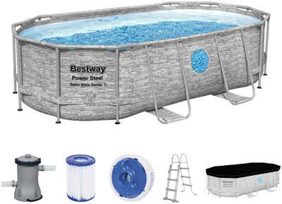 Bestway Pool »PowerSteelPoolSet oval« (6-tlg), BxLxH: 250x427x100 cm, mit Kartuschenfilterpumpe, Sicherheitsleiter, Abdeckplane, Chemikaliendosierer