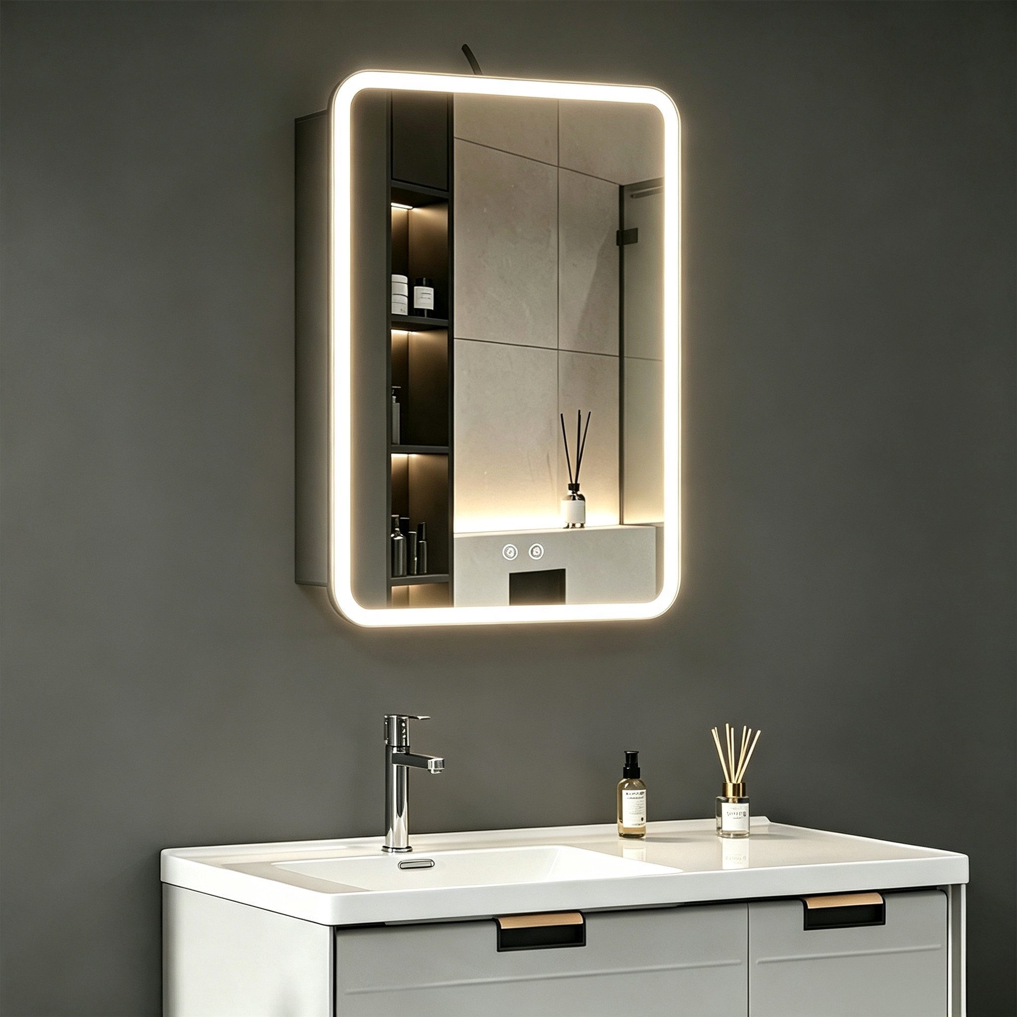 WDWRITTI Spiegelschrank Schwarz mit beleuchtung Hängeschrank 3Lichtfarben Dimmbar Anti-fog (Badezimmerspiegelschrank mit LED, Speicherfunktion, 1 türen 50x70cm, 40x60cm, Doppelseitiger Spiegel, Alu-Schranktür) Full Surround Light Strip, mit Netzadapter