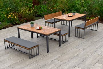 MERXX Garten-Essgruppe Milos, (Set, 10-tlg., 4 Bänke (2x mit und 2x ohne Rückenlehne), 2 Tische, 4 Sitzkissen), Set ist komplett ineinander verstaubar, geeignet für 12 Personen