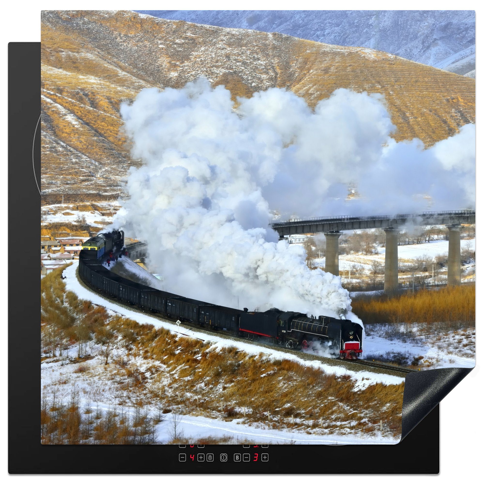 Dampflokomotive in küche Ceranfeldabdeckung, Vinyl, (1 Landschaft, für Herdblende-/Abdeckplatte cm, Arbeitsplatte 78x78 tlg), verschneiten MuchoWow einer
