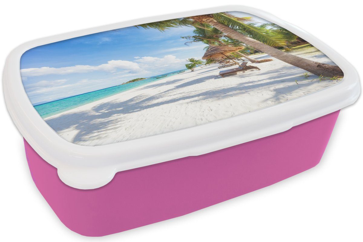 MuchoWow Lunchbox Strand Palmen, Mädchen, Brotdose Meer Brotbox für - Kunststoff, Kunststoff Kinder, (2-tlg), - Erwachsene, rosa Snackbox