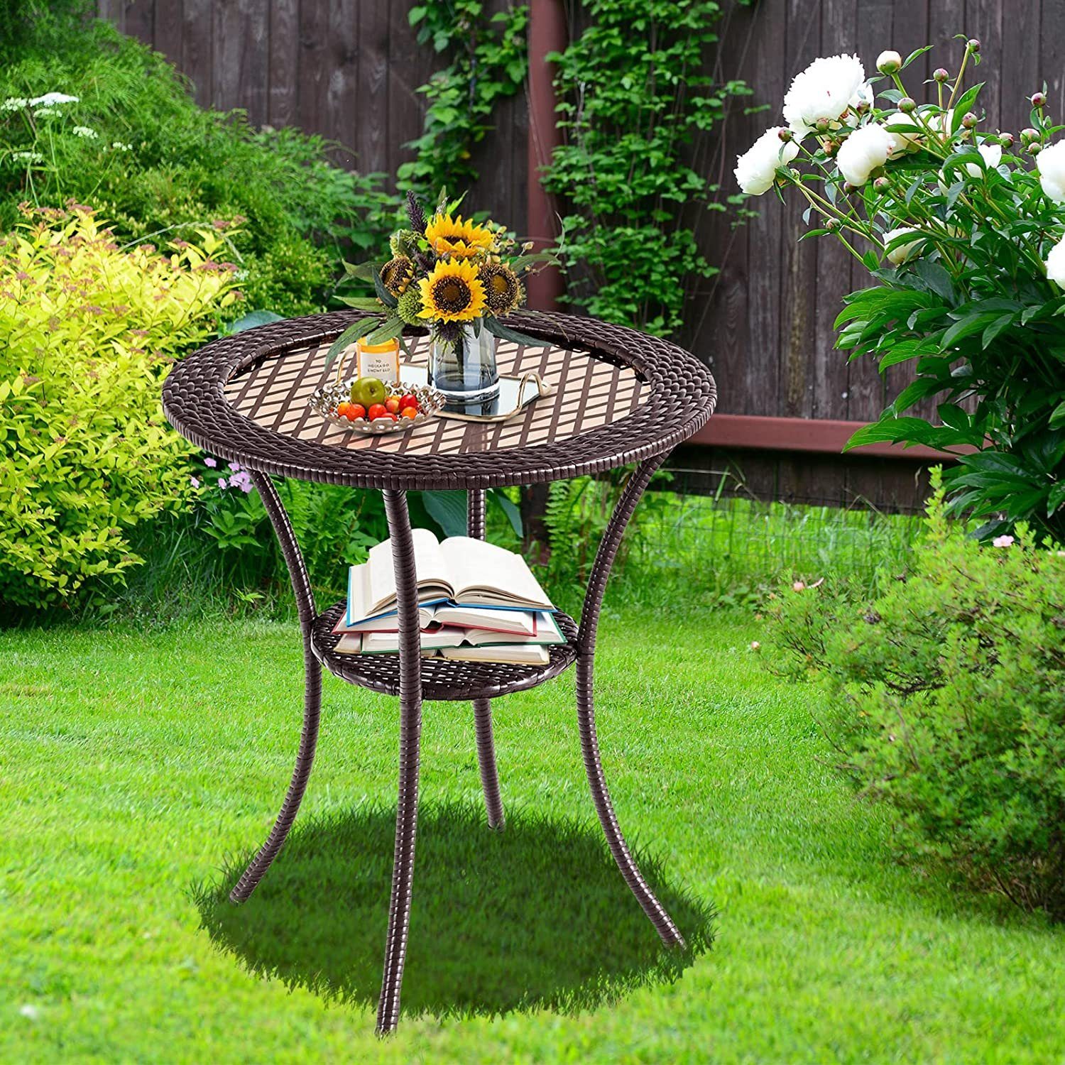KOMFOTTEU Beistelltisch Gartentisch, Polyrattan, rund mit Ablagen | Tische