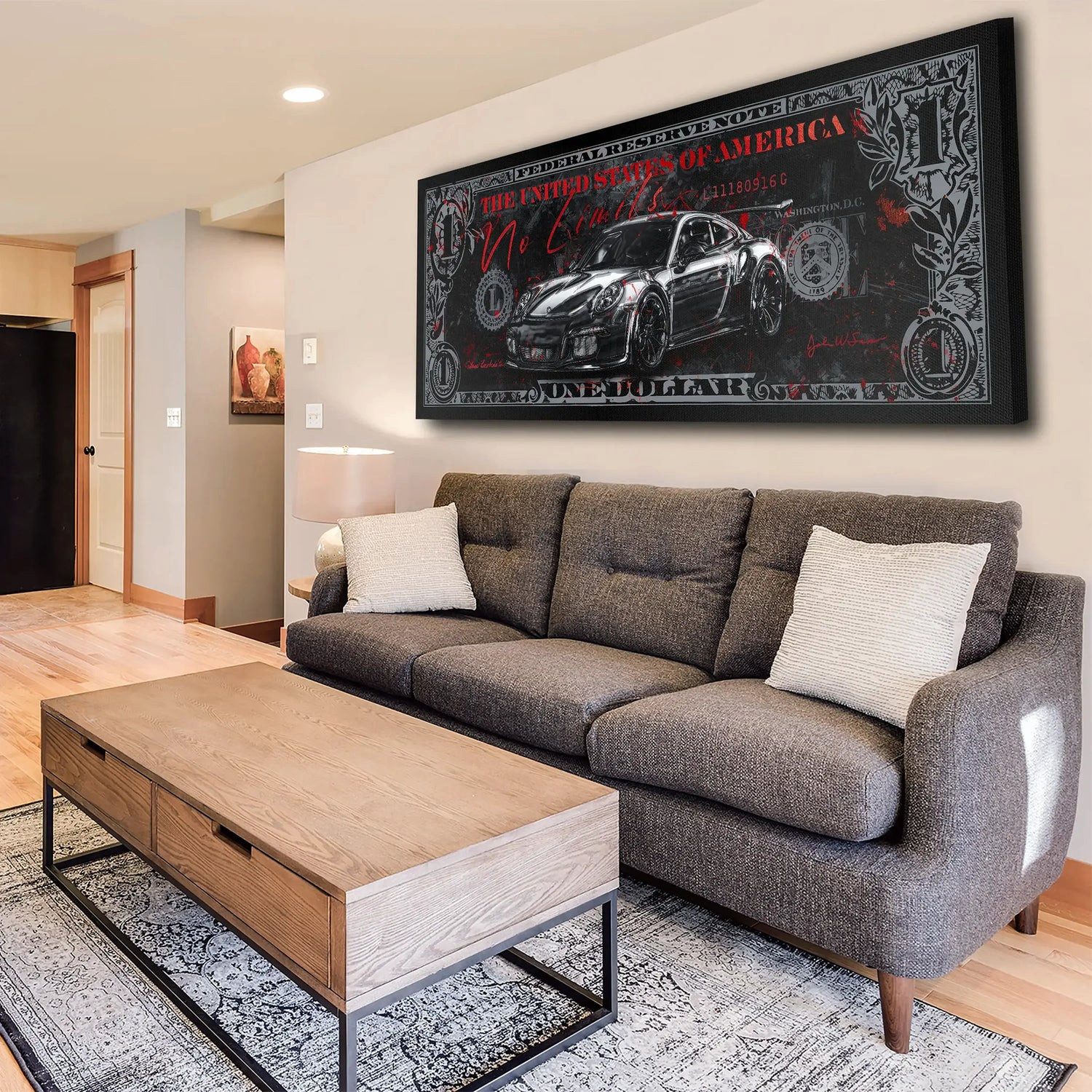Artedinoi Leinwandbild Sportwagen Porsche Zitat Leinwandbild Wandbild Kunst XXL Deko, Sportwagen mit Zitat