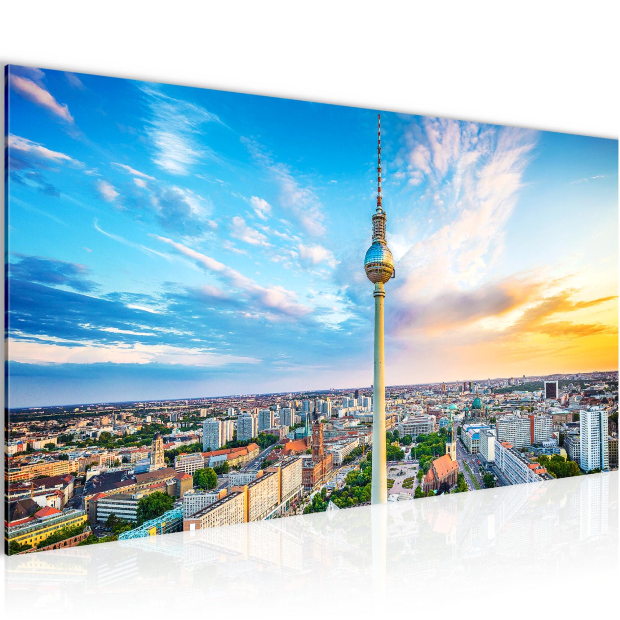 Runa Art Wandbild Berlin Fernsehturm Bild auf Vlies Leinwand Städte Büro Blau Bunt 0159, 100L x 40B cm