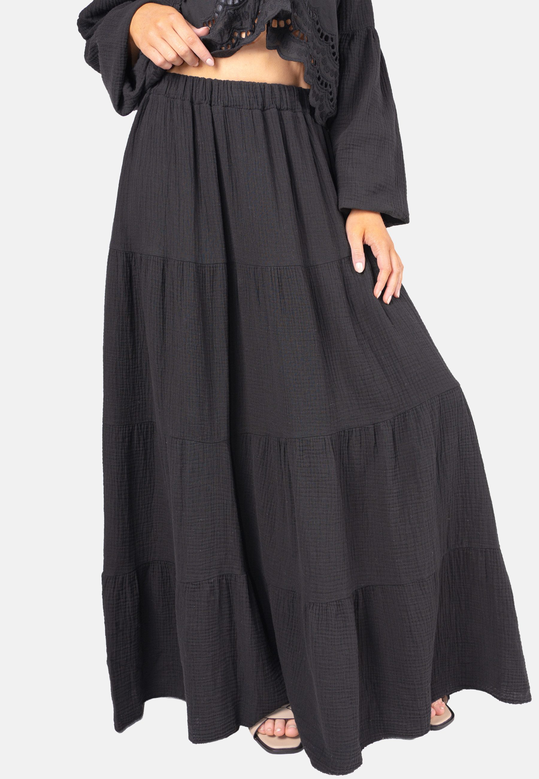 Seasons of April A-Linien-Rock DAISY MUSSELIN Musselinrock Maxirock Damen Baumwolle Lang, Daisy Stufenrock Boho