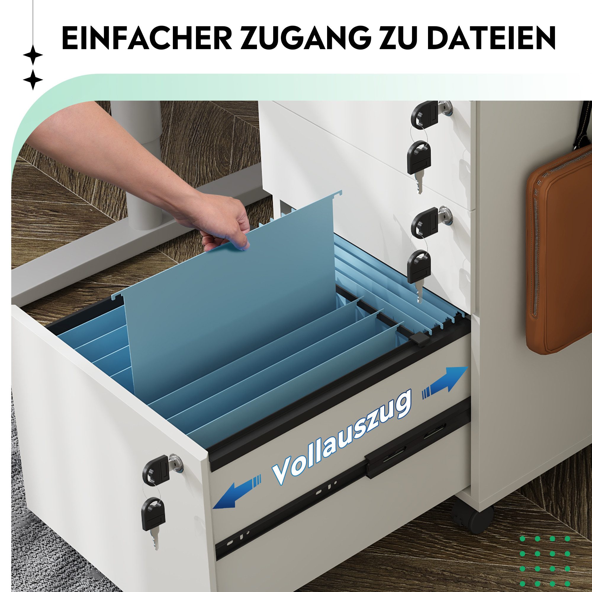 DEVAISE Rollcontainer Mobiler Aktenschrank mit 3 Schubladen, (Druckertisch für DIN A4/Legal/Letter), 3 Schlüssel, Schreibtisch Unterschrank für Büro und Home Office