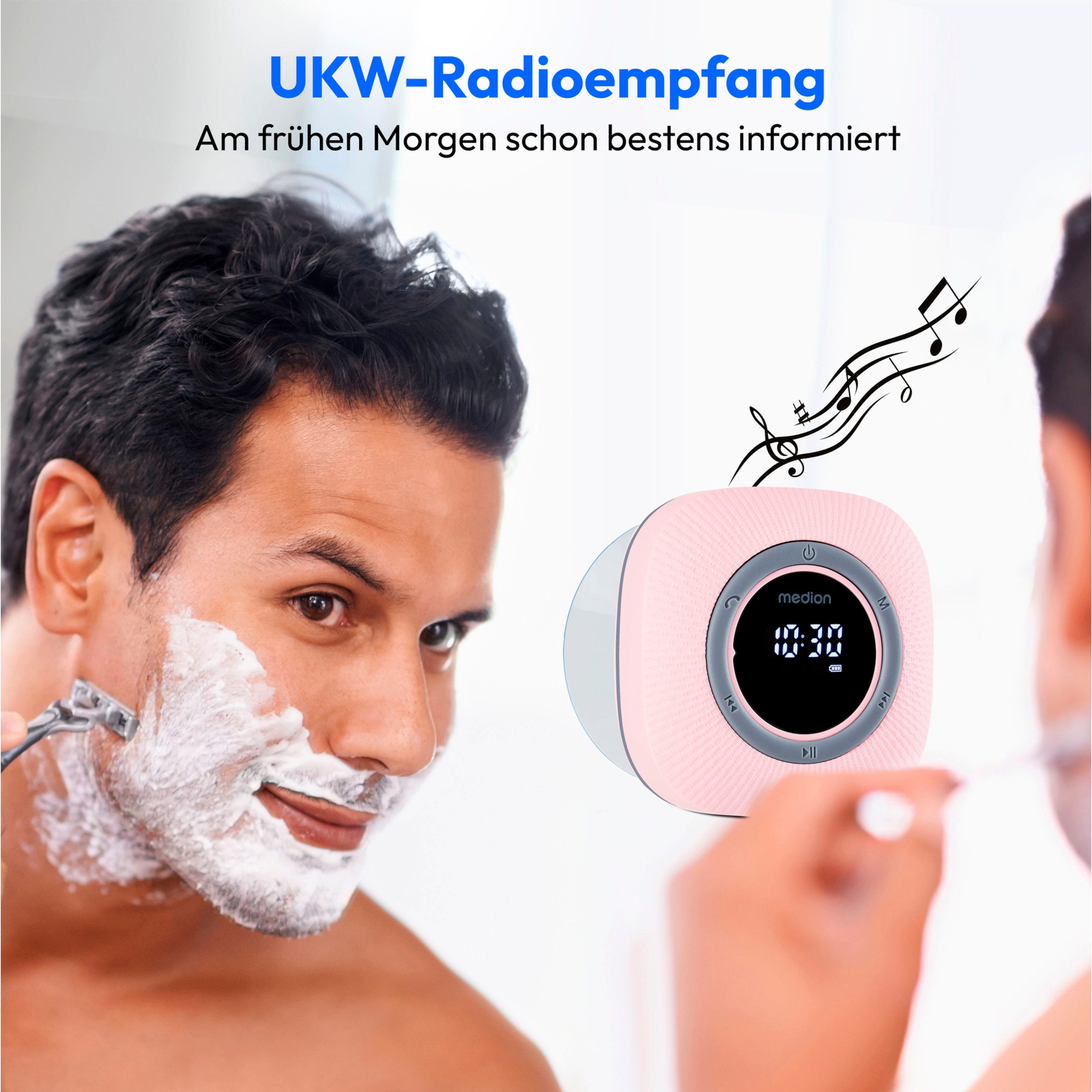 MEDION S66884 Radio de Douche avec Bluetooth (Radio de Salle de Bain, Radio FM, Ventouse, écran LED, IPX6 étanche, Batterie intégrée, MD43884) Rose