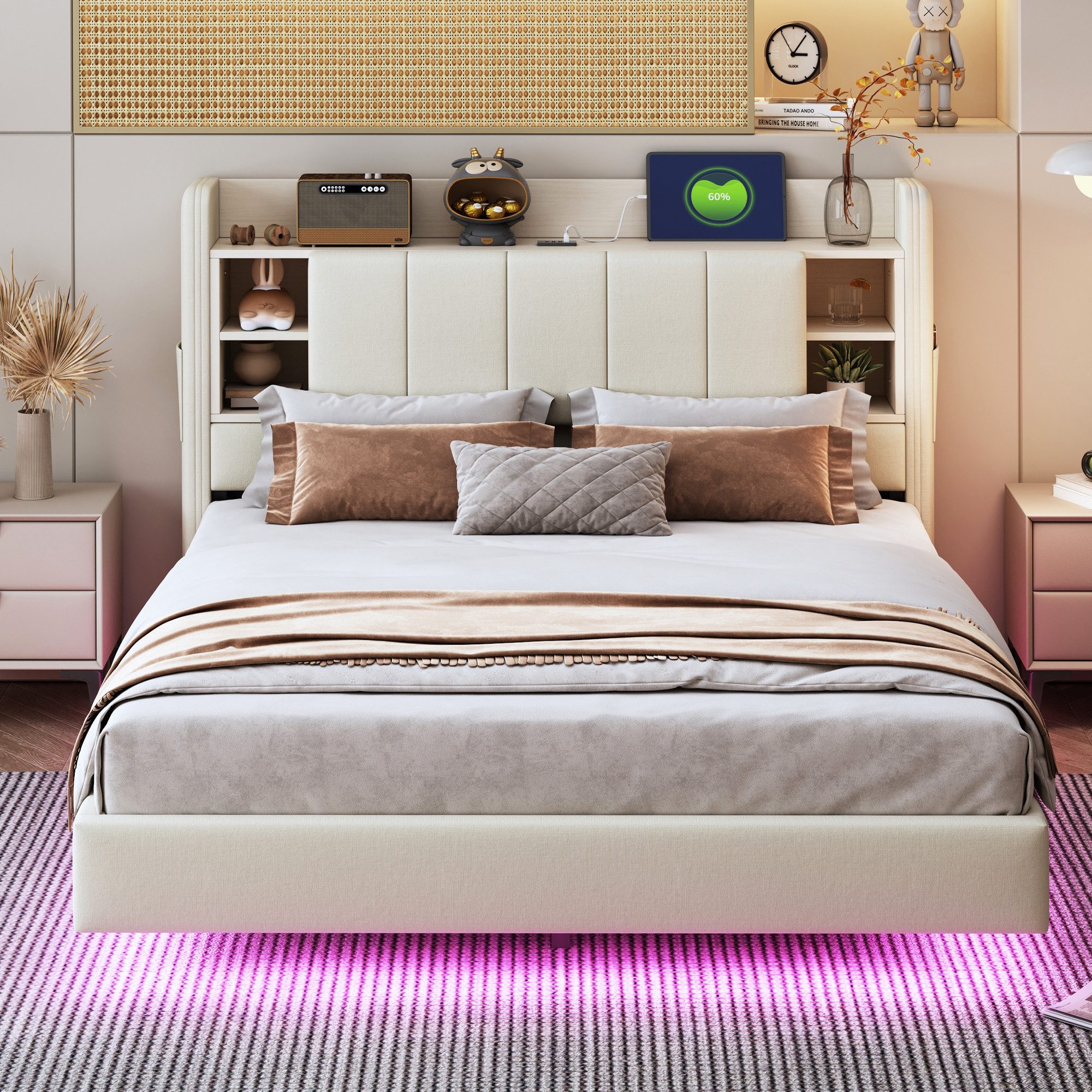 Flieks Polsterbett, LED Schwebebett Doppelbett 140x200cm mit USB-Aufladen & günstig online kaufen