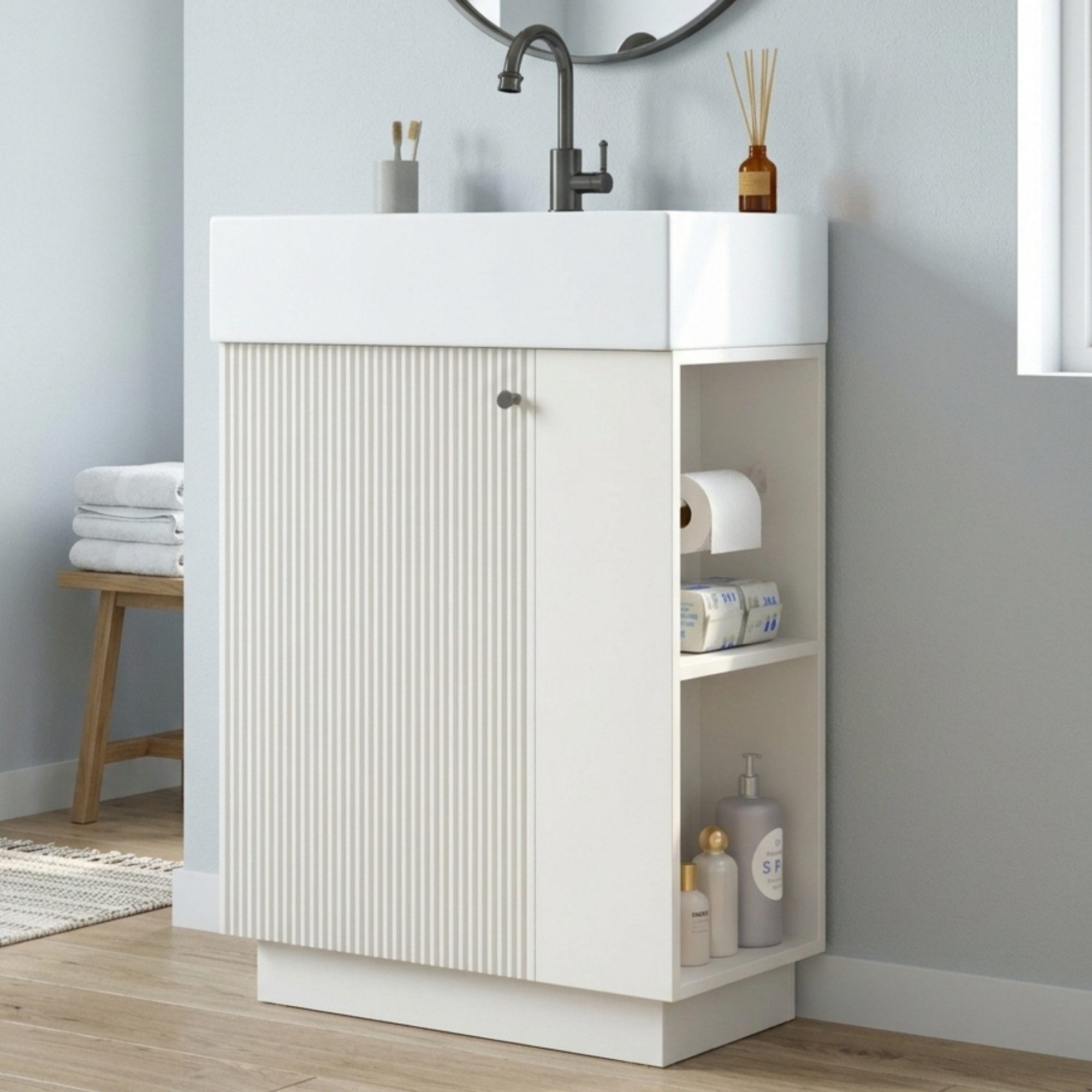 Flieks Waschtisch Waschbeckenunterschrank mit Keramikwaschbecken (55x32x87 cm, 1-St., bodenstehender Badschrank mit abnehmbarem Toilettenpapierhalter), Badmöbel-Set Badezimmerschrank mit verstellbarer Einlegeböden Weiß