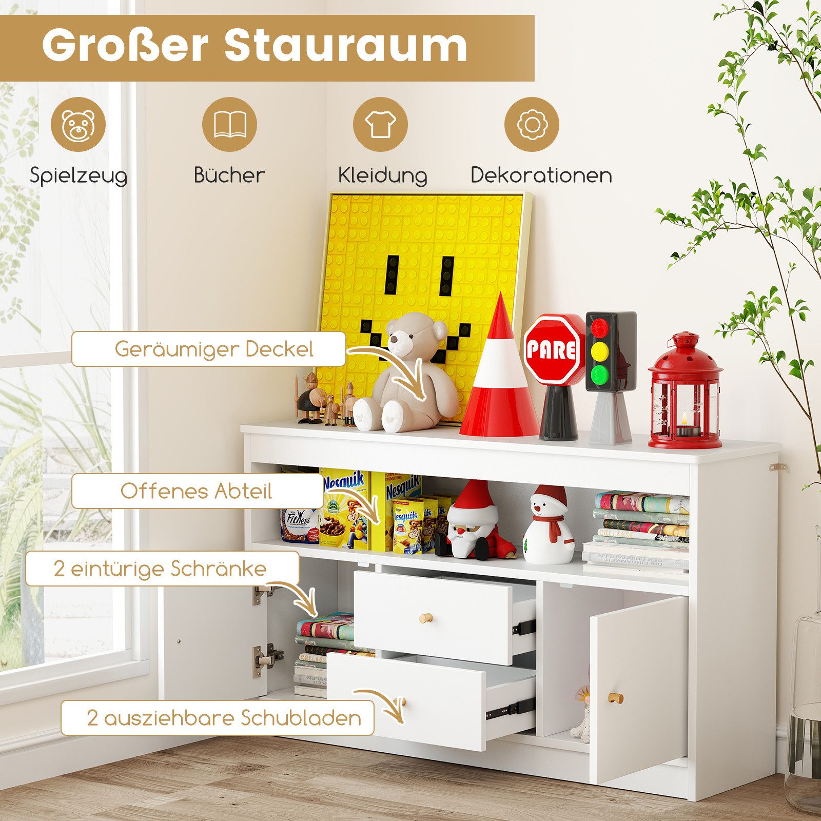 COSTWAY Spielzeugtruhe, Spielzeugschrank Kinder, Holz, 106 x 30 x 62 cm, Weiß