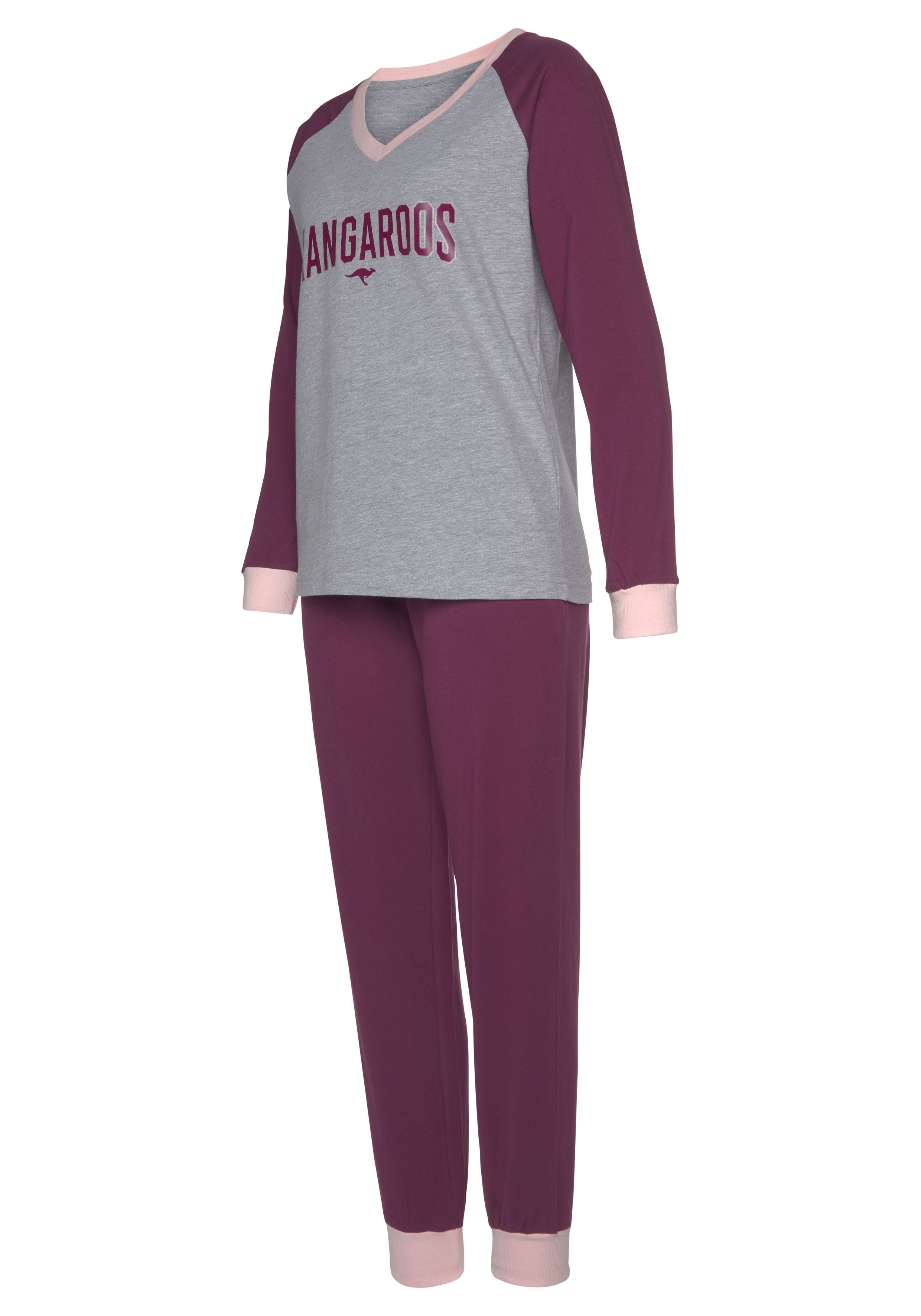 Stück) KangaROOS kontrastfarbenen bordeaux-grau-meliert Pyjama tlg., (2 Raglanärmeln 1 mit