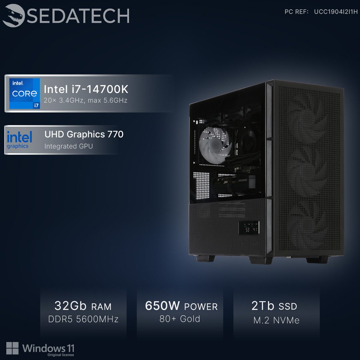 Sedatech UCC1904I2I1HF - Watercooling Office PC (Intel Core i7 14700K 20x 3.4GHz (max 5.6GHz), Intel UHD Graphics 770, 32 GB RAM, 2000 GB SSD, Watercooling, Wlan 6)