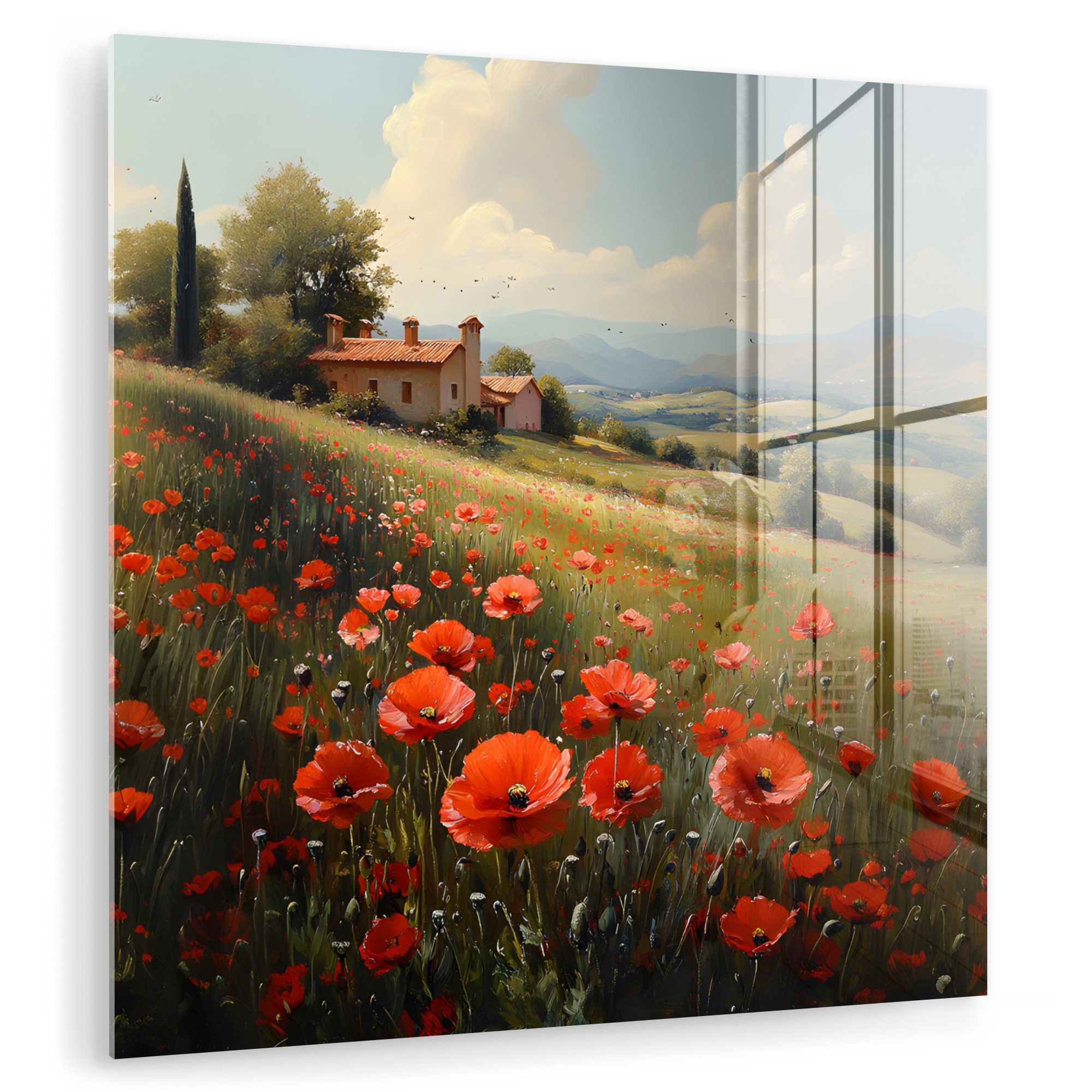Acrylglasbild Mohnblumen - Rot - Hügel - Landschaft
