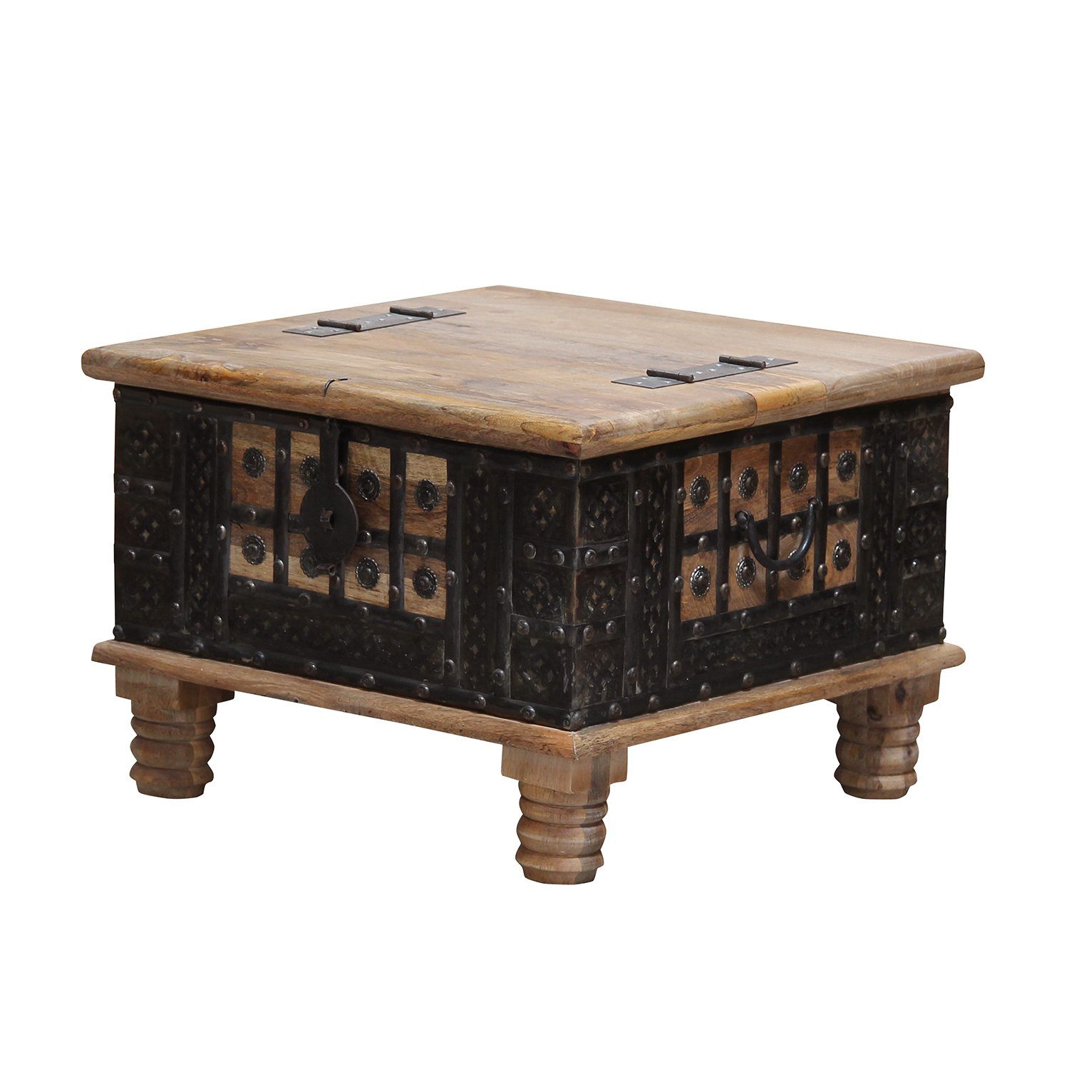 Casa Moro Truhe Orientalischer Truhentisch Hadis 60x60x40 cm (BxTxH) (aus Echtholz Mango, mit Metallapplikationen verziert), Orient Holz-Truhe Vintage Couchtisch mit klappbarer Tischplatte