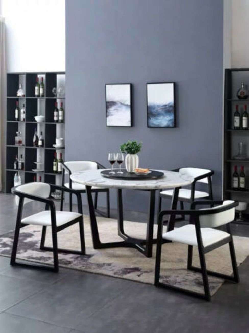 JVmoebel Esszimmer-Set, Rund Tisch Ess Zimmer Holz Tische Designer Original Marmor 4 Stuhl