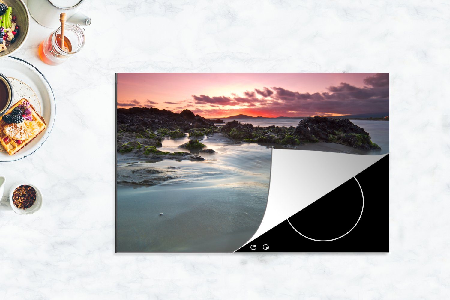 Sonnenuntergang Galapagos Schutz Herdblende-/Abdeckplatte 81x52 tlg), Vinyl, für (1 Puerto küche, in cm, die Induktionskochfeld Villamil Ceranfeldabdeckung MuchoWow Inseln,