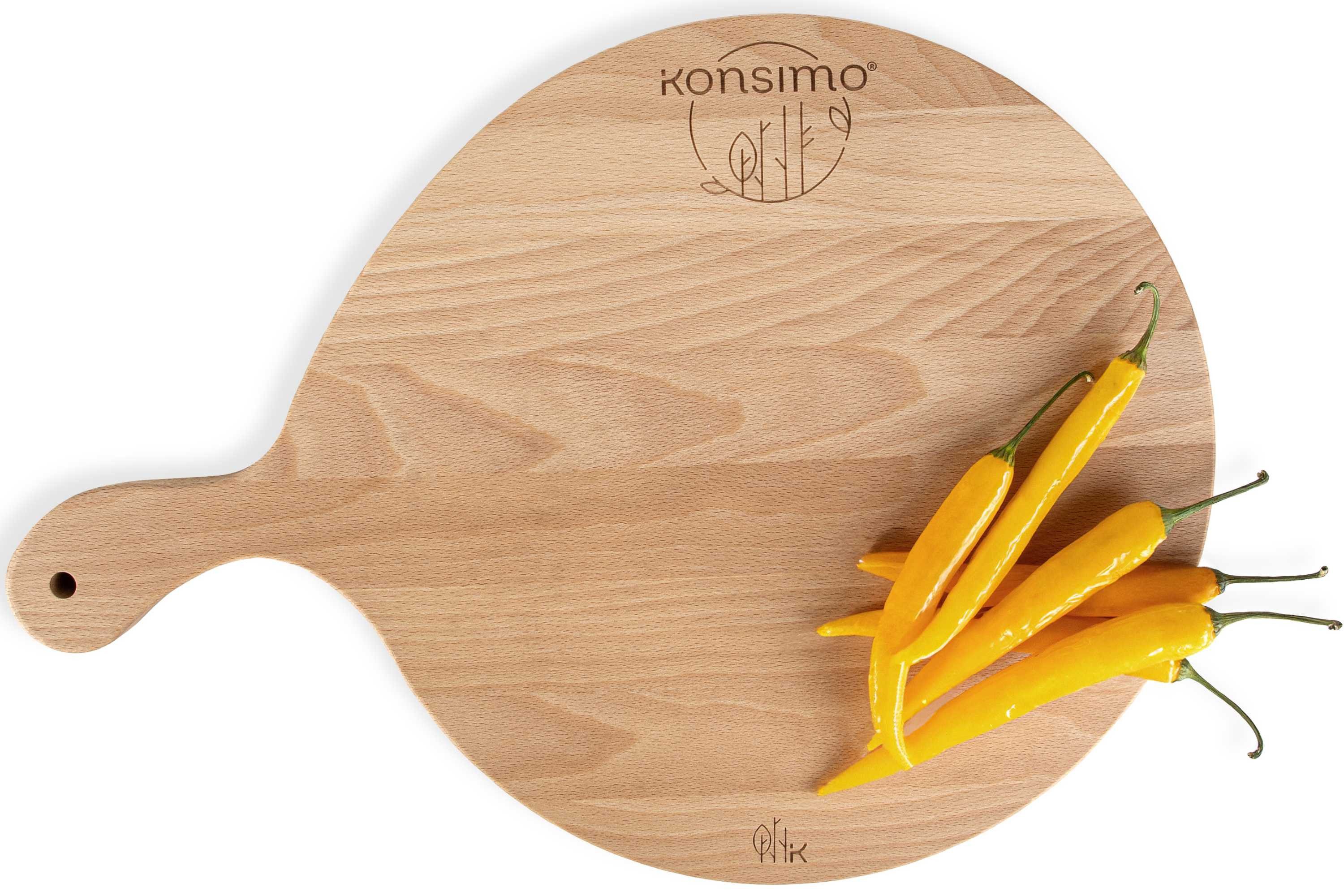 KONSIMO® Pizzaschneidebrett LESTE Rundes Pizzaschneidebrett, Massivholz, Buchenholz, (Maße: 45x2x32 cm), hergestellt in der EU, mit Griff, Handarbeit