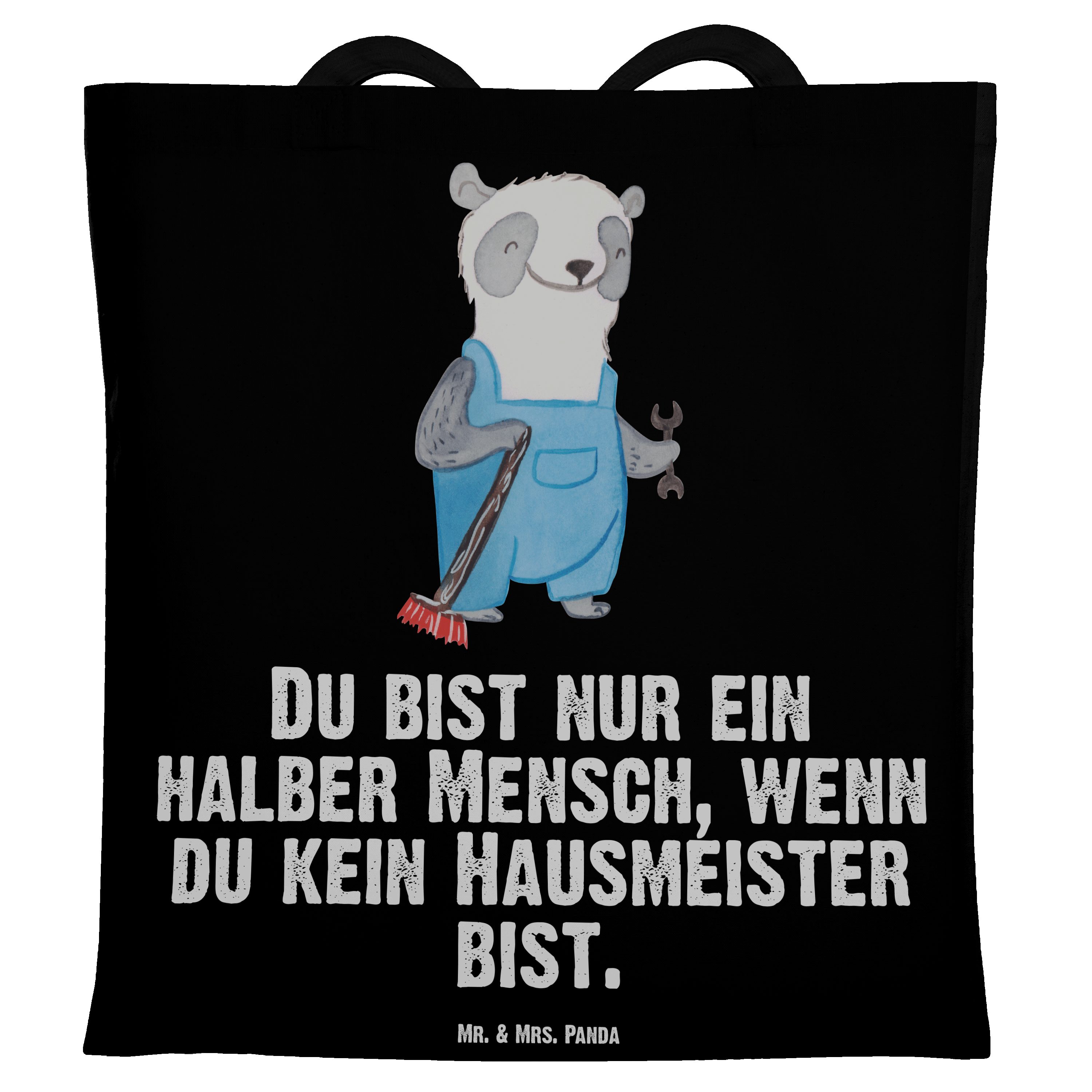 Geschenk, Mrs. - Hausmeister & Einkaufstas - Tragetasche Herz mit Mr. Schwarz Panda Hausverwalter, (1-tlg)