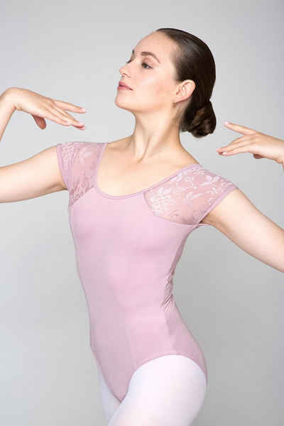 tanzmuster Body Damen Kurzarm Ballettanzug Maike mit Prinzessnähten Ärmel Und Rücken aus geblümtem Netzstoff
