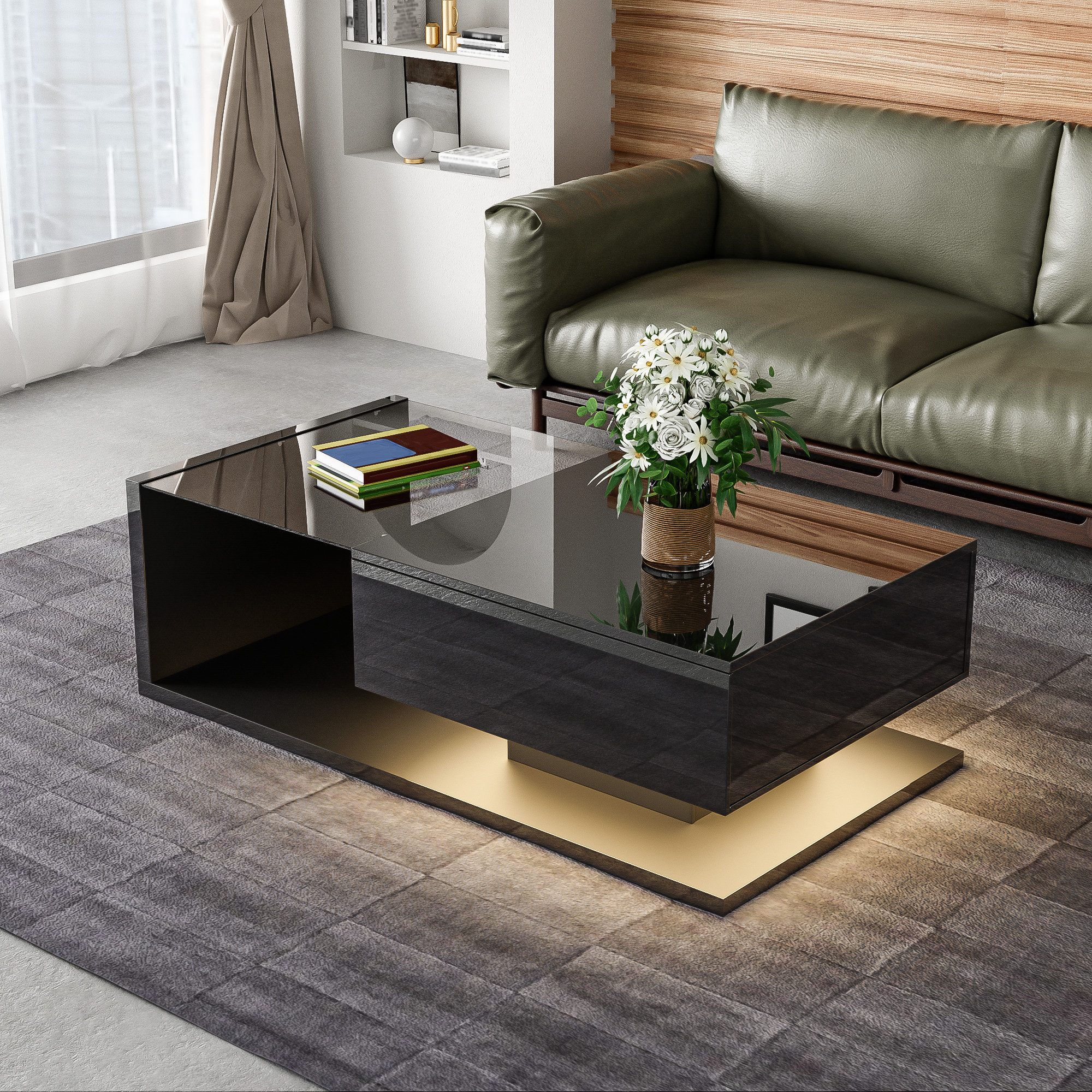 Furnishings Home Couchtisch Couchtische mit Glas und LED-Effekt Weiß schwarz weiß und Holzfar (1-St), Gilt für Speichern Zeitschriften Büchern oder Fernbedienungen