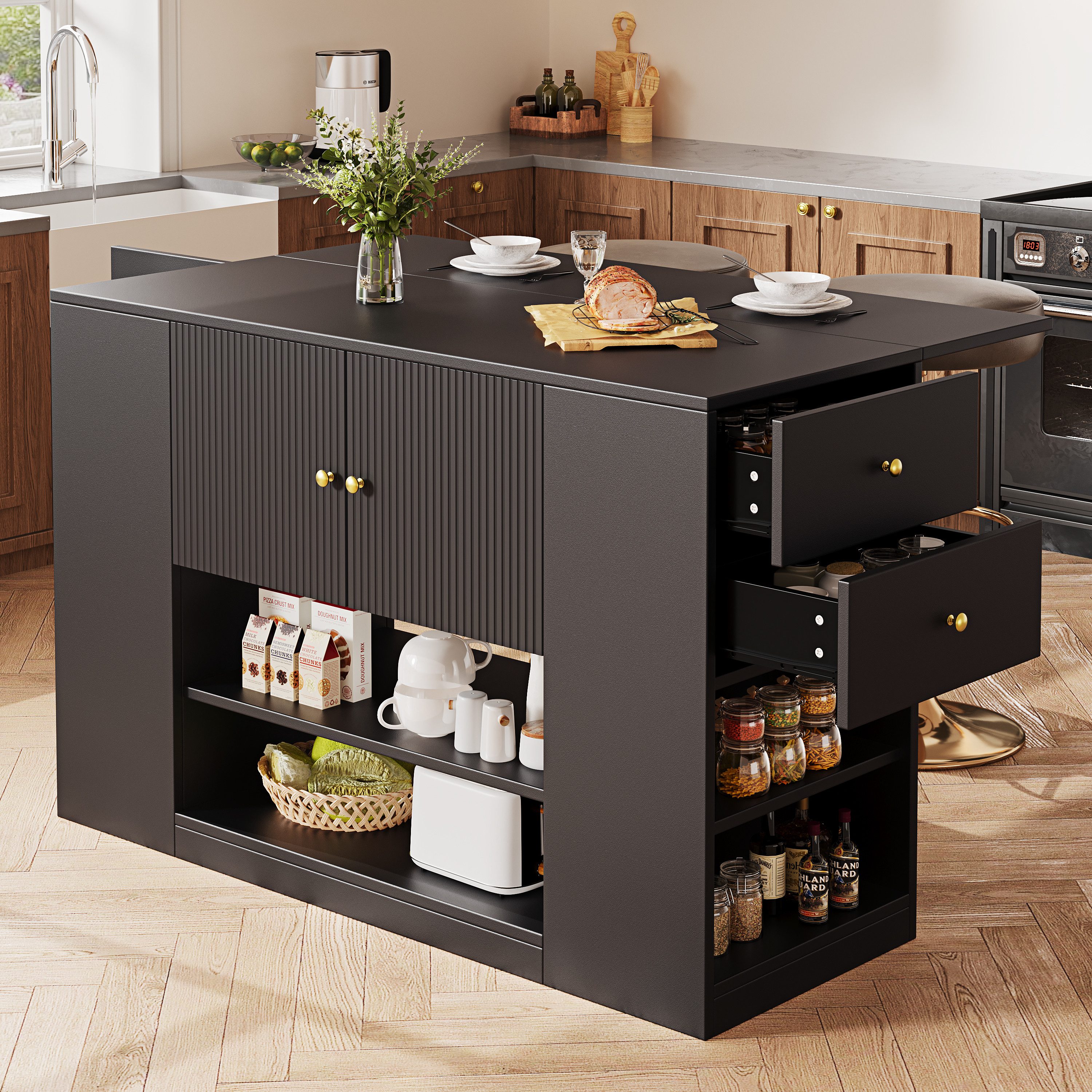 Odikalo Кухніinsel Кухніschrank Buffetschrank Esszimmerschrank Sideboard Schublade Regal, (Moderne Кухніschrank mit Schubladen und Regalen, Sideboard für Küche & Esszimmer, Schwarz)