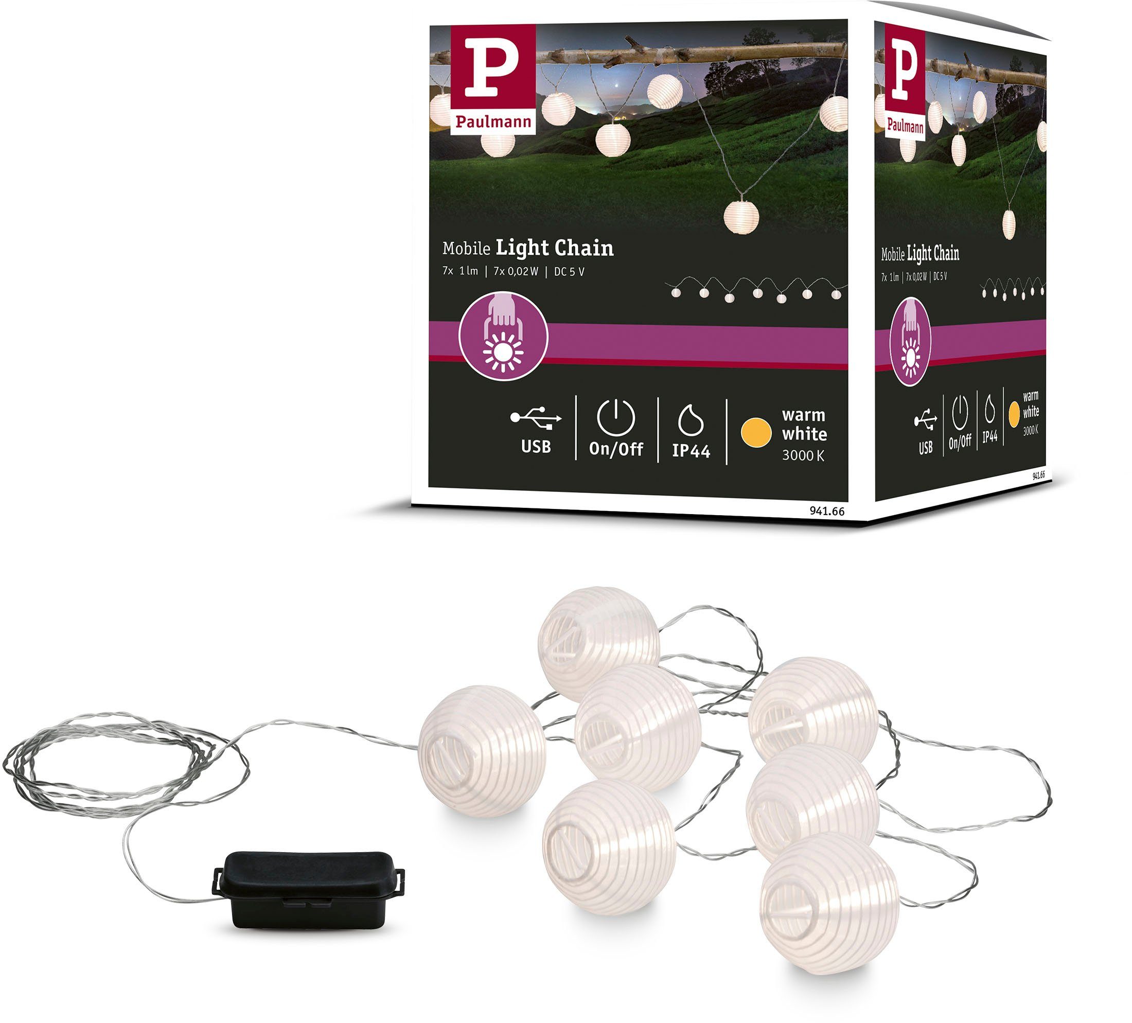 Paulmann Lichterkette Outdoor Mobile Lampionkette IP44 3000K 7x1lm 5V ladbar mit USB, Outdoor Mobile Lampionkette IP44 3000K 7x1lm 5V ladbar mit USB