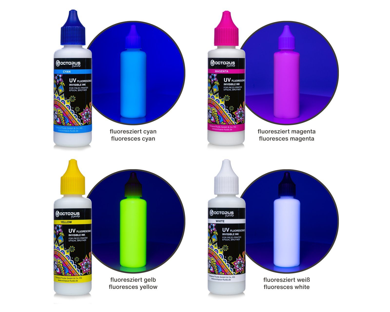 50ml ink UV Nachfülltinte Epson, (für Epson,Brother, Brother, cyan, 4x for white, invisible Fluorescence x) Fluids OCTOPUS