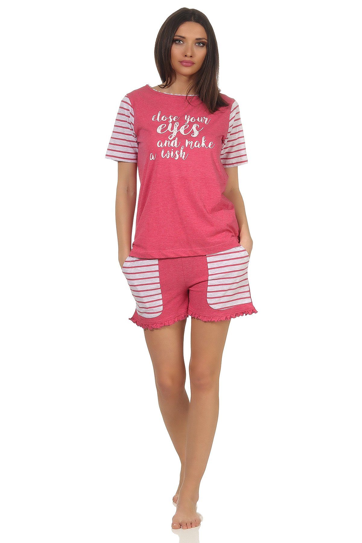Pyjama Normann pink Pyjama Damen Ärmeln und im kurzarm abgesetzten Shorty College-Look