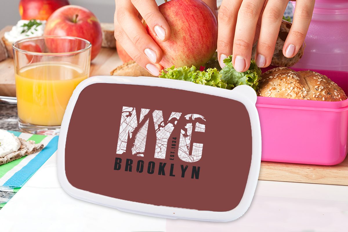 Erwachsene, Lunchbox Snackbox, (2-tlg), New NYC für Mädchen, Kunststoff, - York Brotdose Brooklyn, Kinder, Kunststoff Brotbox - MuchoWow rosa