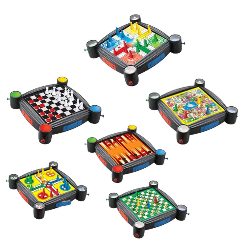 LEAN TOYS Spielesammlung Brettspielset Familienspiele Strategiespiele, 7-in-1-Spielset, 7 Spiele in 1, doppelseitiges Brett, Würfelmechanik