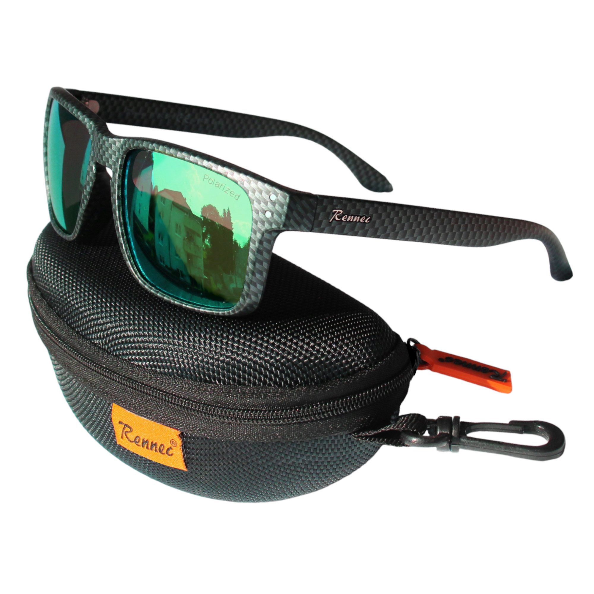 Rennec Sonnenbrille (Marken Sonnenbrille Herren Rechteckig Verspiegelt mit Hardcase) Polarisierte Gläser, Edelstahl Bügelgelenke, Carbon Optik