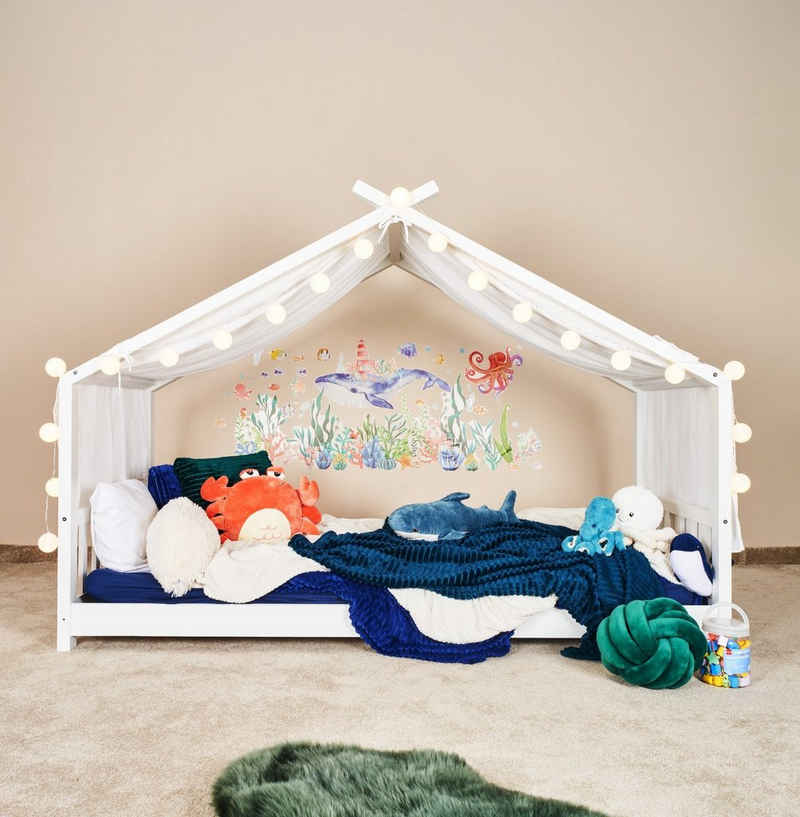 Alavya Home® Betthimmel 3 tgl. Kinder-Betthimmel Moon Kinderzimmer Deko-Set 110x360 cm für (Hausbett Kinderbett Baldachin Montessori), Musselin Bio-Baumwolle 100% GOTS-zertifizierter - 2x LED-Lichterkette