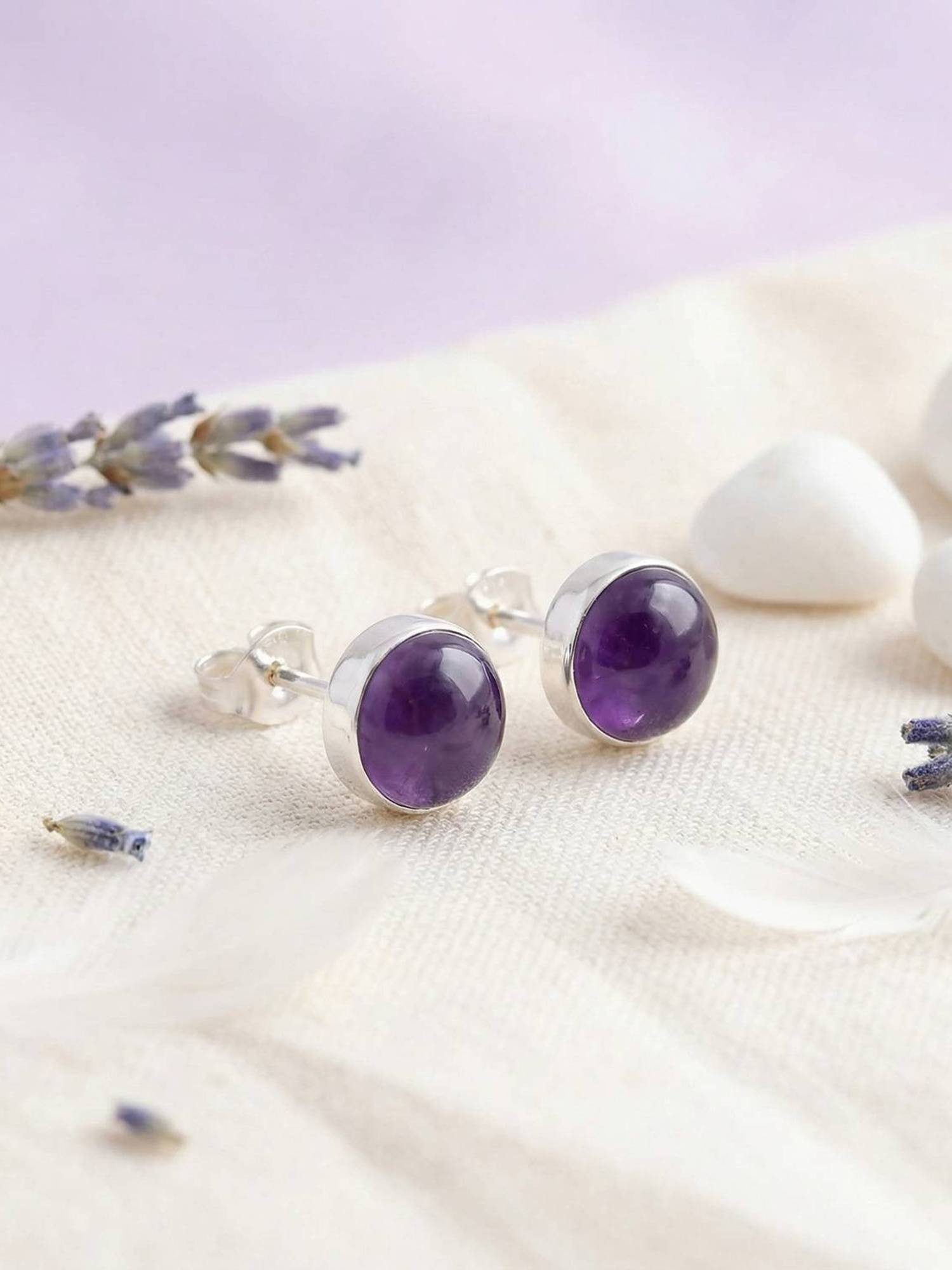 mantraroma Paar Ohrstecker SAMA rund medium aus 925 Silber mit Amethyst (Paar, Paar Ohrringe mit Schmuckbeutel), 925 Sterling Silber Ohrringe für Damen
