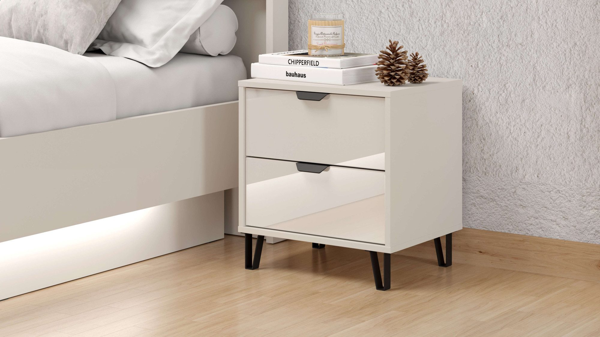 Home affaire Nachtkommode Lucca Nachttisch, Nachtschrank, Trendfarbe cashmere, 48x40x52cm, 2 Schubladen mit Glasfront, FSC®-zertifizierter Holzwerkstoff