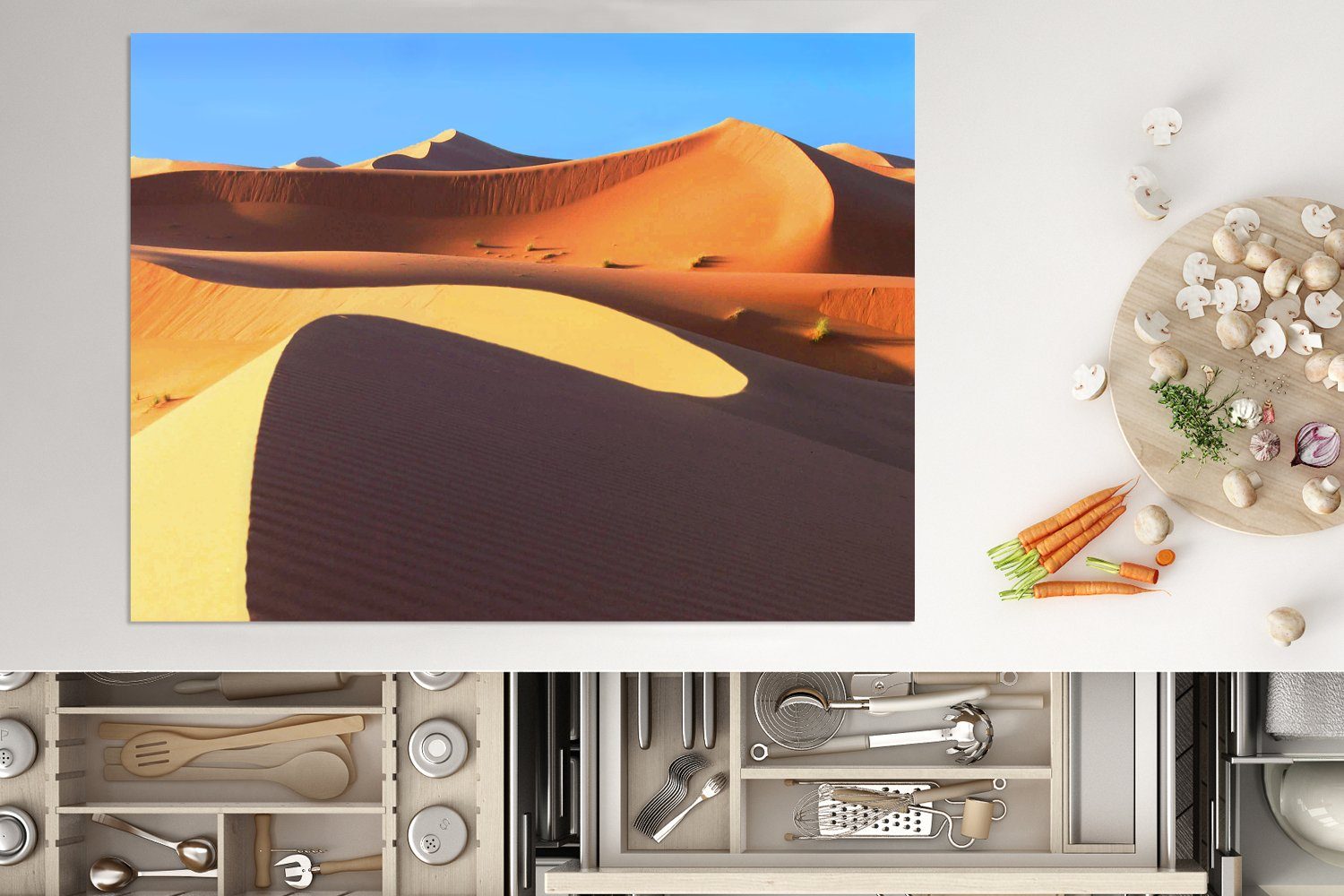 (1 nutzbar, in Wüste Mobile Sahara, Arbeitsfläche Vinyl, 70x52 der Herdblende-/Abdeckplatte MuchoWow cm, Ceranfeldabdeckung Sanddünen tlg),