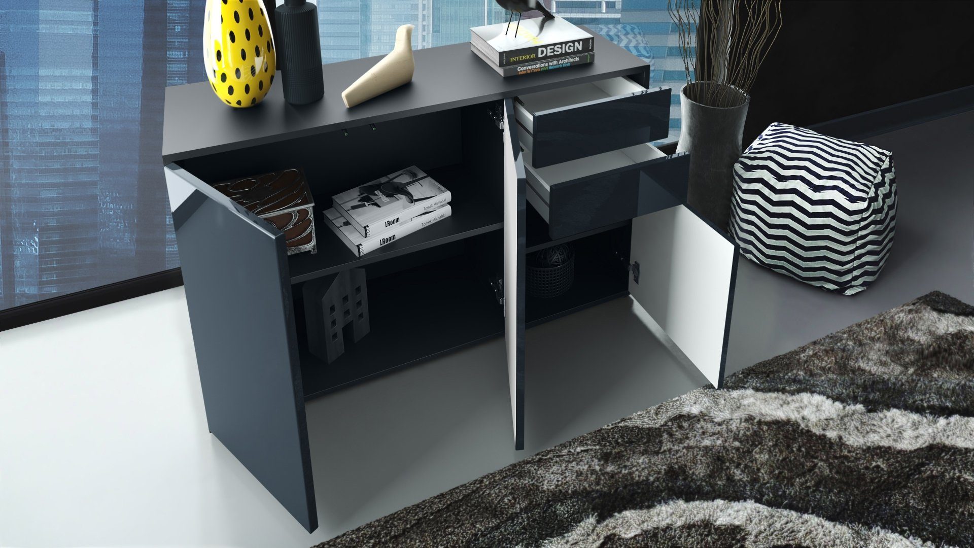 Vladon Kommode Ben V3 (Kommode, mit 3 Türen und 2 Schubladen), Schwarz matt/Weiß matt (117 x 74 x 36 cm)