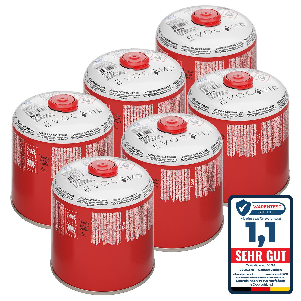 EVOCAMP Gaskartusche 6x Butangas Kartuschen 500g, Schraubkartusche mit Butan/ Propan Gas, 6 St.
