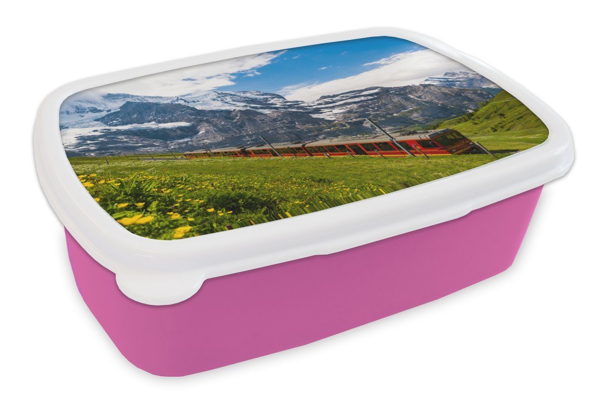 MuchoWow Lunchbox Ein roter Zug in den Alpen, Kunststoff, (2-tlg), Brotbox für Erwachsene, Brotdose Kinder, Snackbox, Mädchen, Kunststoff rosa