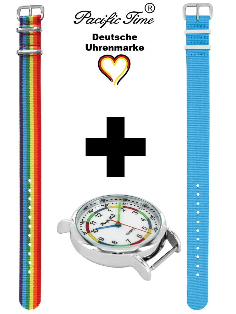 Pacific Time Quarzuhr Set Kinder hellblau und Wechselarmband, - Match Gratis Design und Regenbogen Armbanduhr First Mix Versand Lernuhr