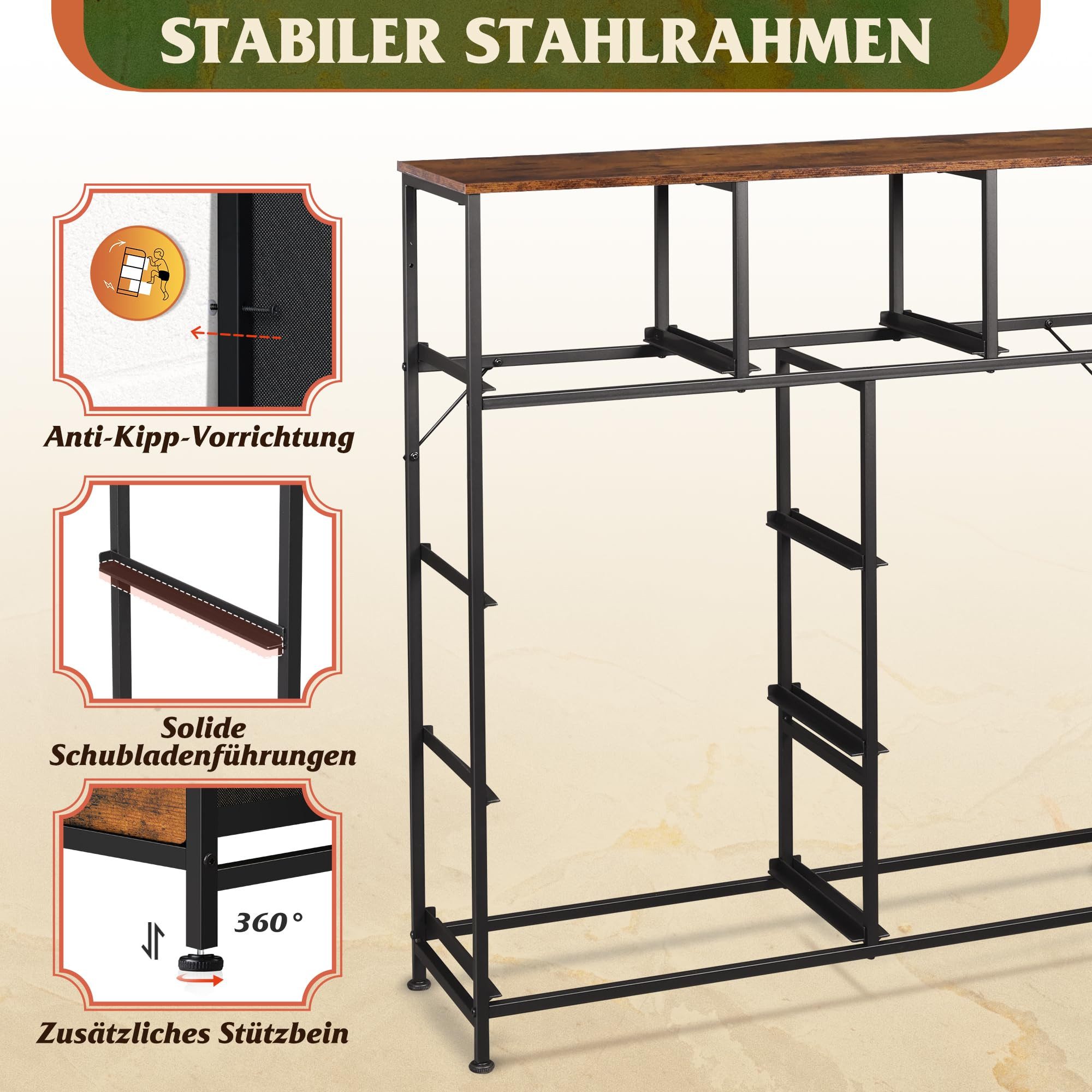 WLIVE Kommode 9 Stoffschubladen, Schubladenkommode 100 × 30 × 102 cm (Packung, Stauraumkommode für Schlafzimmer Wohnzimmer Flur), Stahlrahmen & MDF-Holzplatte, Vintagebraun-Schwarz