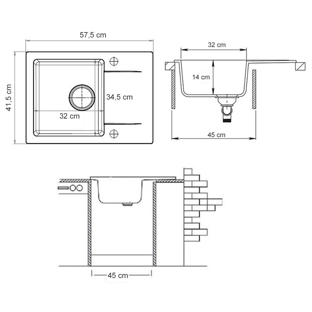 Bergstroem Küchenspüle Einbauspüle Granitspüle 577x418mm FOX 57,7/41,8 beidseitig Grau, montierbar rechteckig, cm