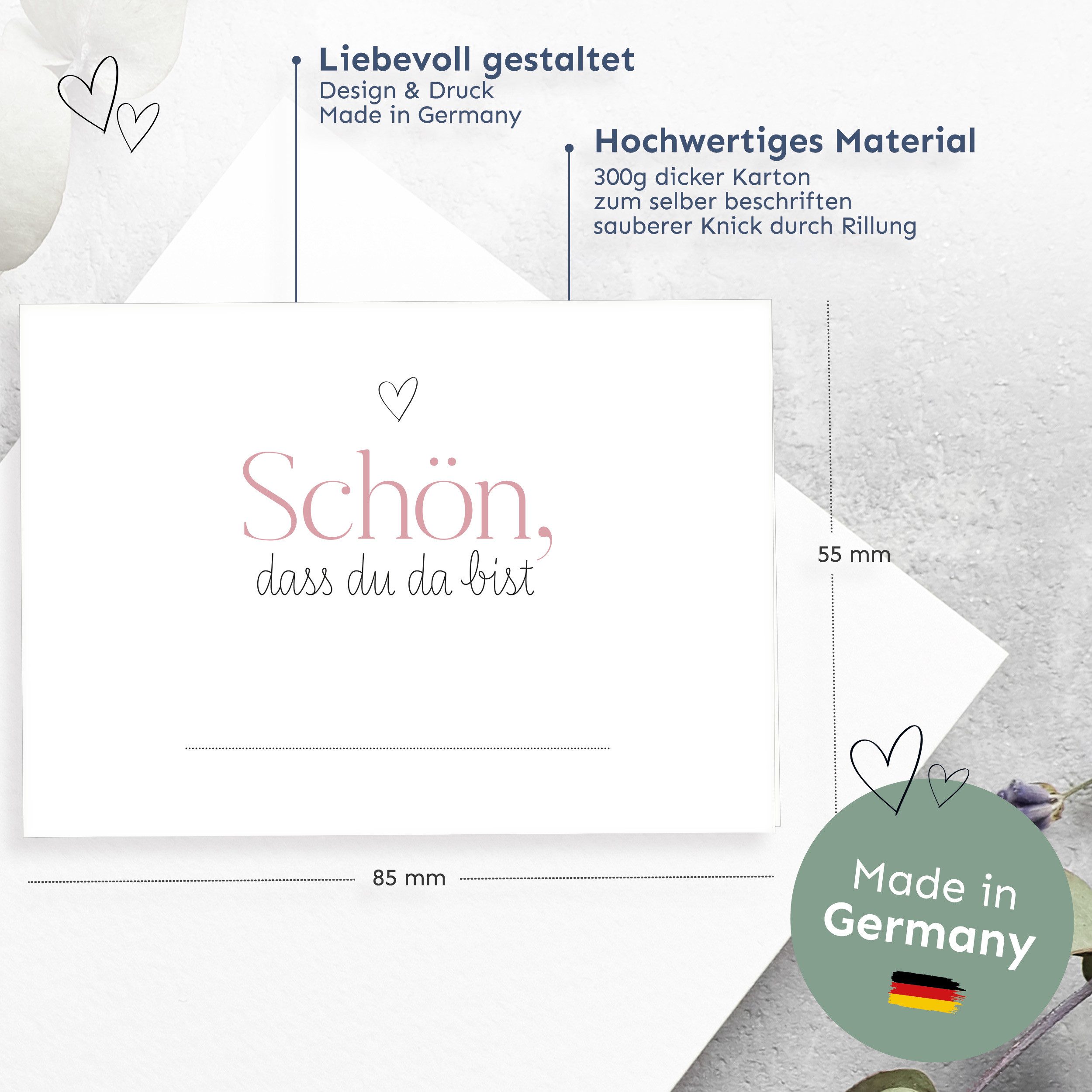 white & ivory Papierdekoration Platzkarte herz rosa "schön, dass du da bist", 50 Stück, Tischkarten